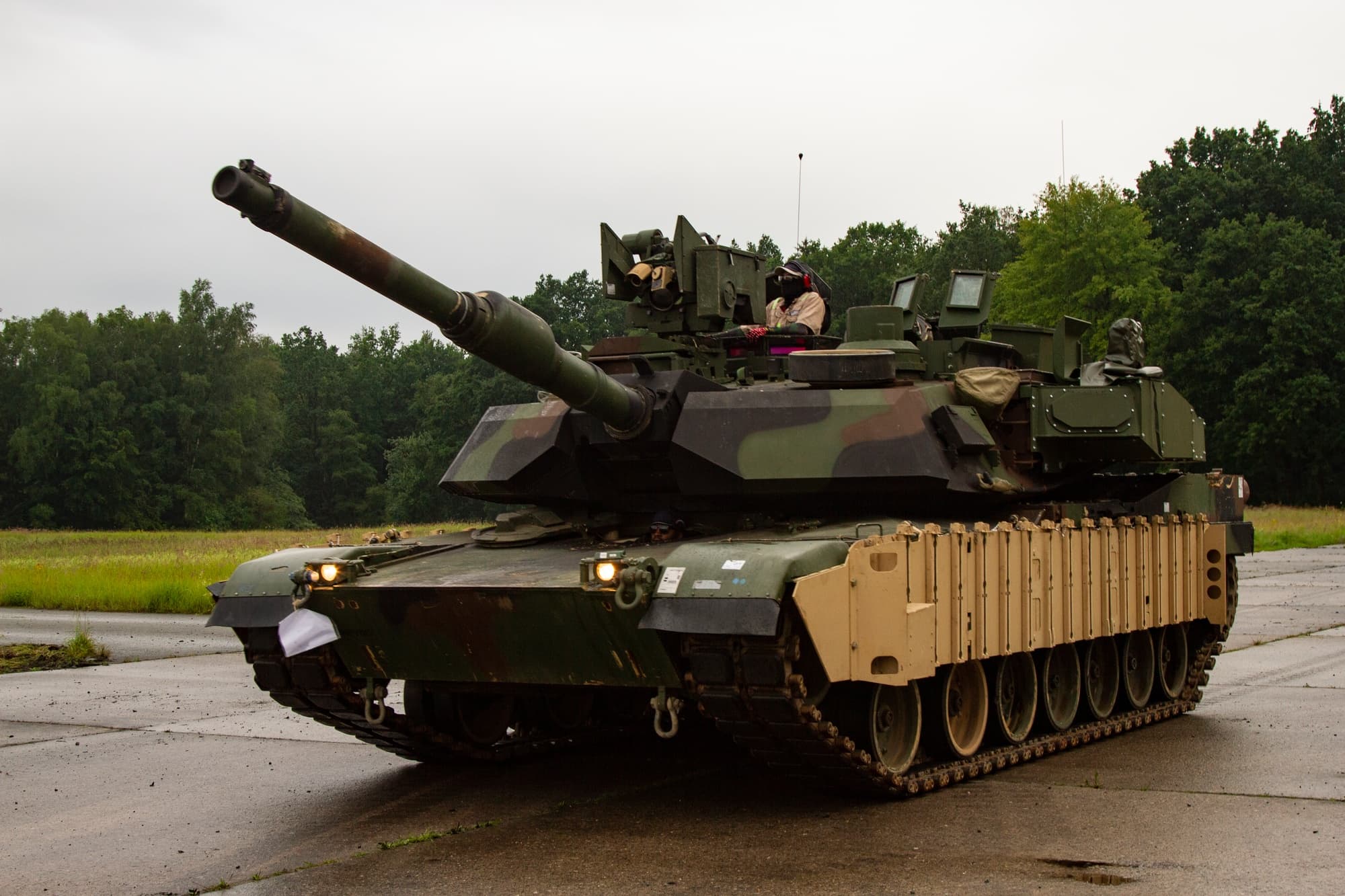 M1A2 Abrams main battle tank equipped with Trophy active protection system and ARAT reactive armor tiles during DEFENDER-Europe 20 exercises in Germany