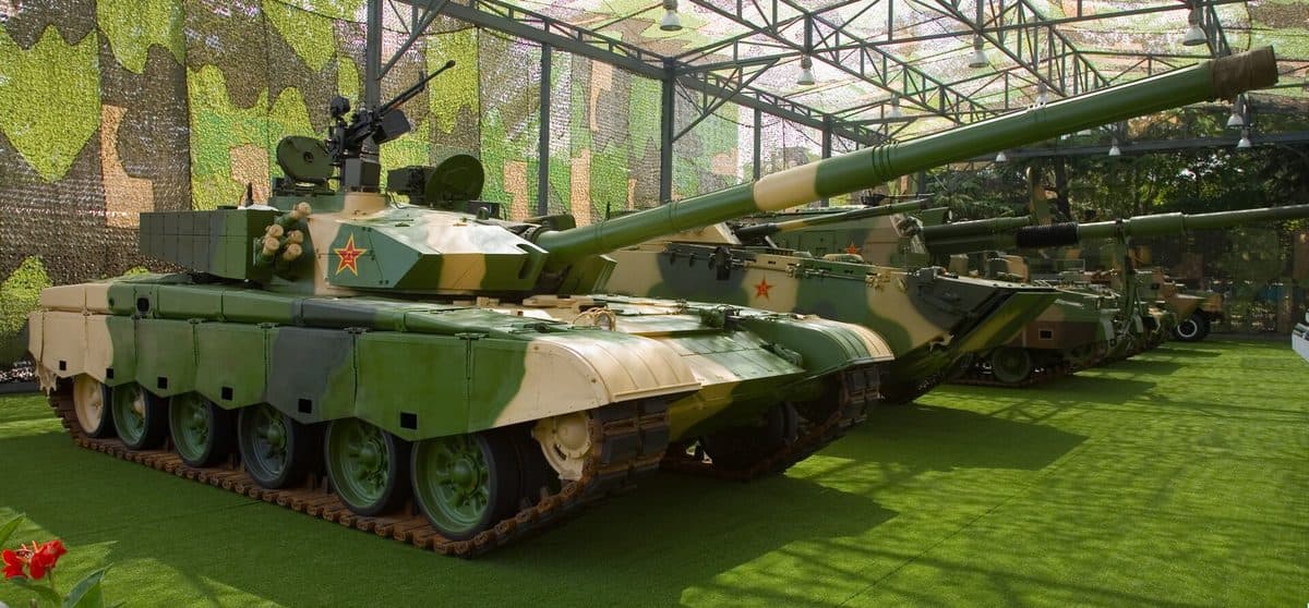Type 99A main battle tank showing its distinctive arrowhead turret and ERA package