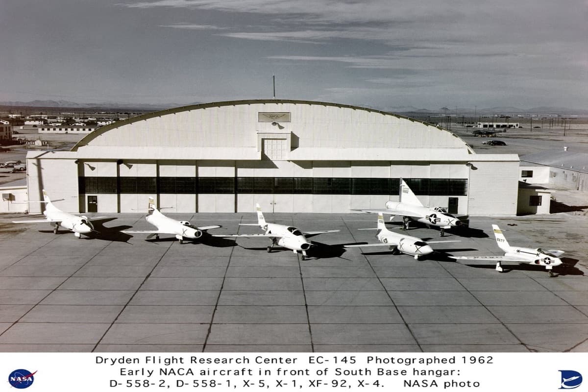 NASA research aircraft fleet lined up on the ramp at Dryden Flight Research Center