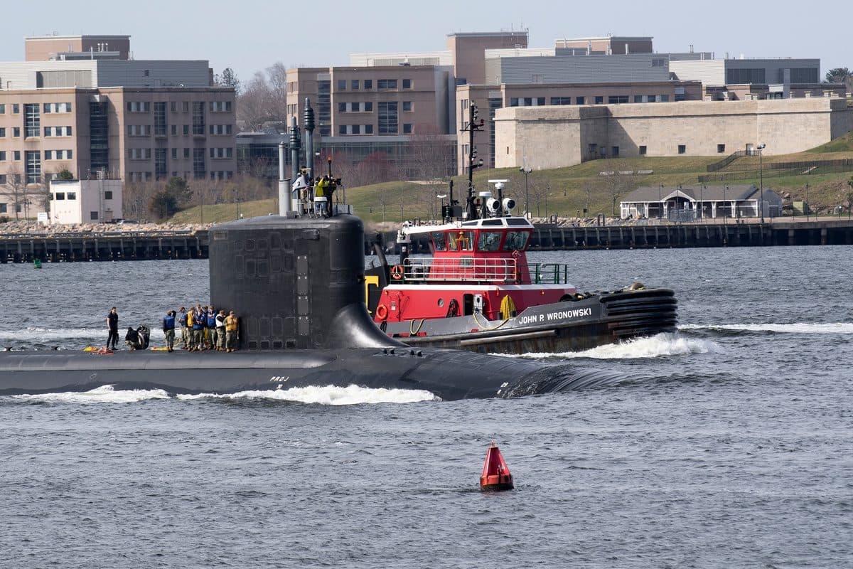 USS Virginia nuclear attack submarine underway on the surface of the Atlantic Ocean