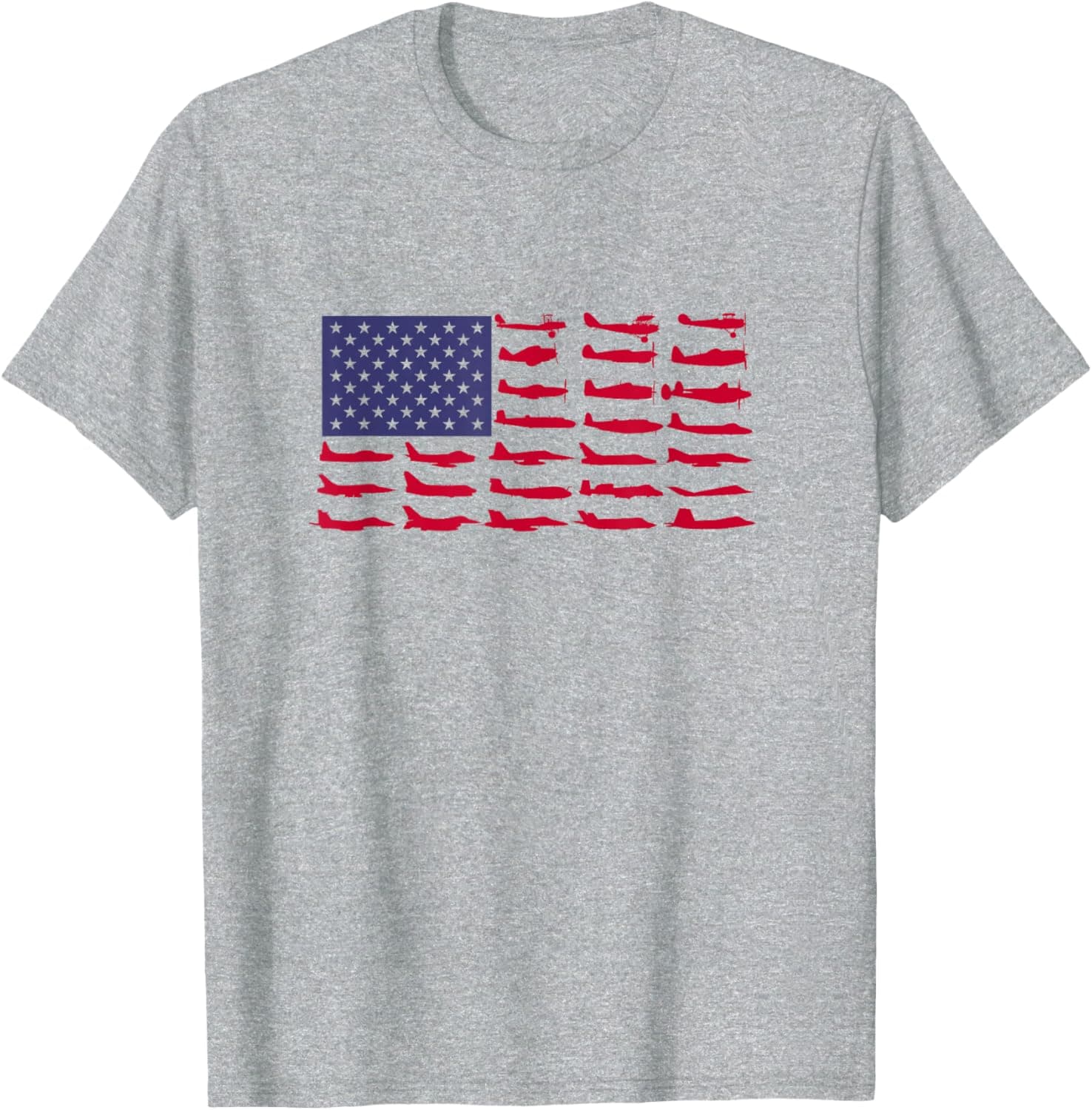 Military Machine Aircraft Flag t-shirt - 27 US military aircraft silhouettes form the stripes of an American flag, on a heather grey unisex crew tee