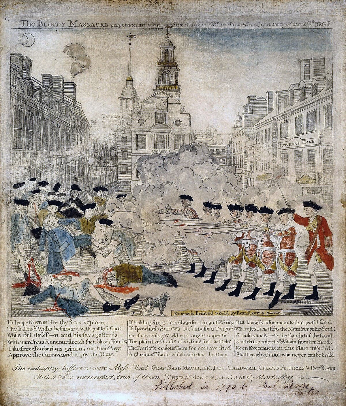 Paul Revere's engraving of the Boston Massacre, depicting British soldiers firing on colonists outside the Custom House on King Street, March 5, 1770