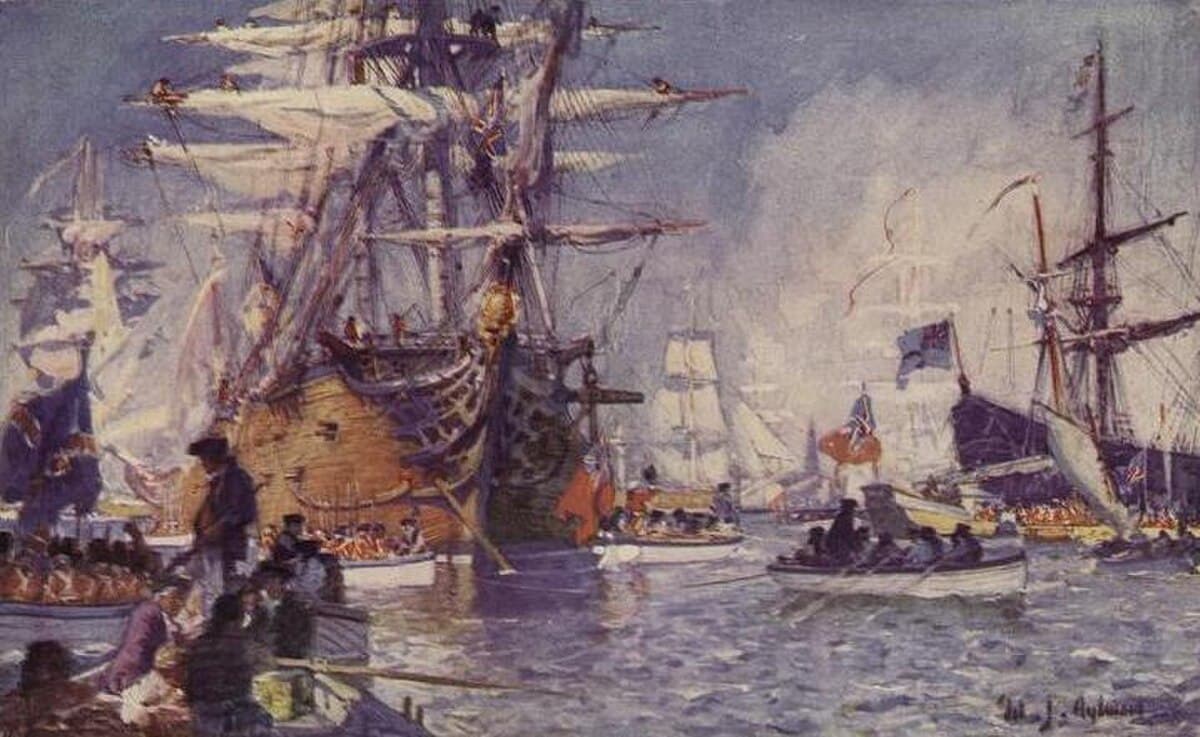 British warships departing Boston Harbor as Continental forces watch from Dorchester Heights, March 17, 1776