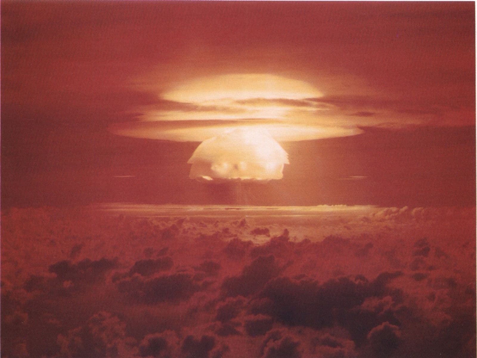 The mushroom cloud from the Castle Bravo nuclear test at Bikini Atoll, March 1, 1954