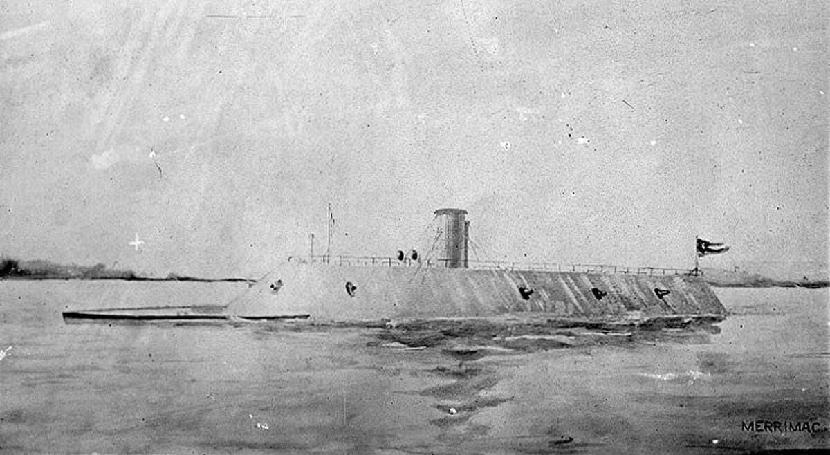 The CSS Virginia attacking Union wooden warships at Hampton Roads, with the USS Cumberland sinking in the background, March 8, 1862