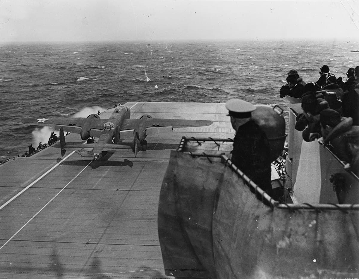 B-25 Mitchell bomber launching from USS Hornet during the Doolittle Raid, April 18, 1942