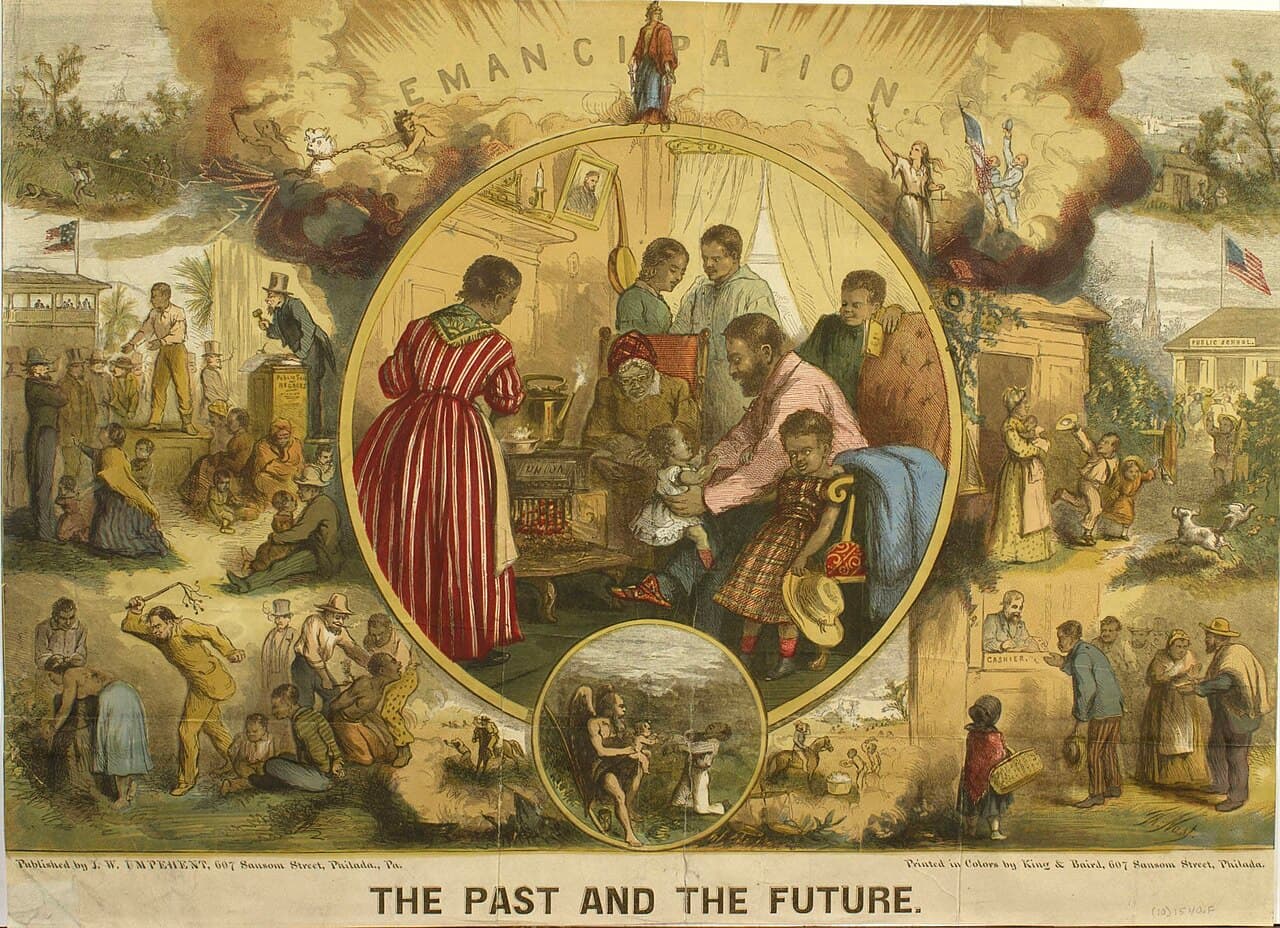 Illustration depicting the celebration of the Emancipation Proclamation taking effect on January 1, 1863