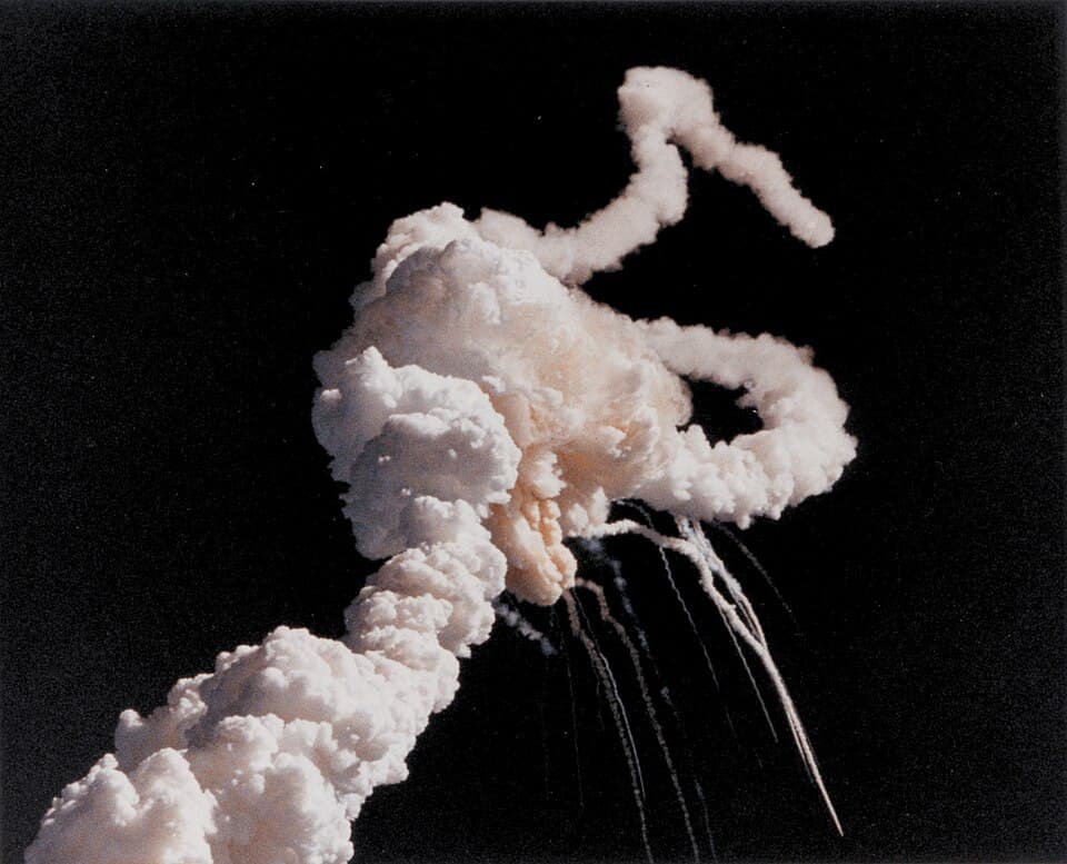The crew of Space Shuttle Challenger posing in their flight suits before the ill-fated mission