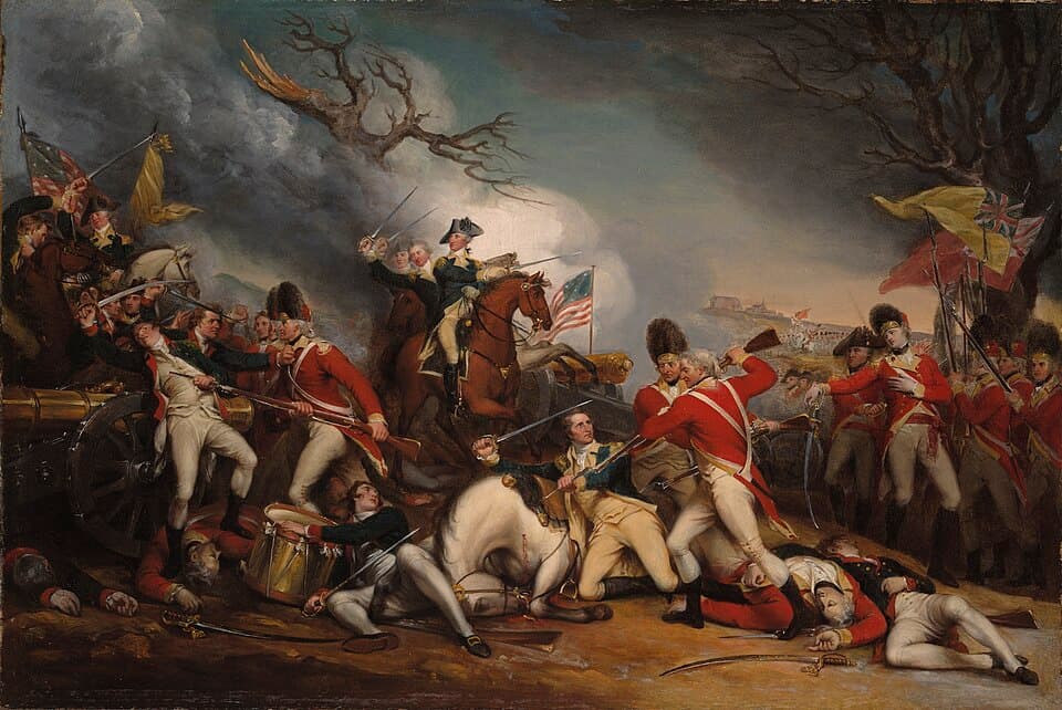 Painting depicting George Washington leading the Continental Army charge at the Battle of Princeton, January 3, 1777