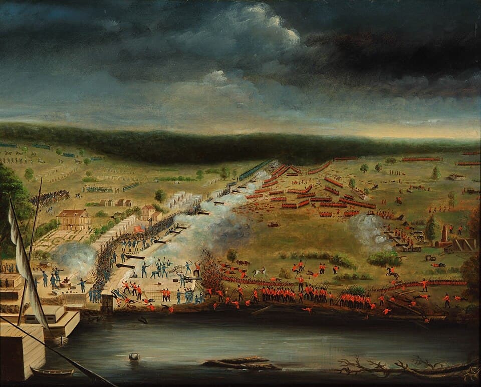 Panoramic painting of the Battle of New Orleans showing American defenders behind ramparts repelling British assault, January 8, 1815