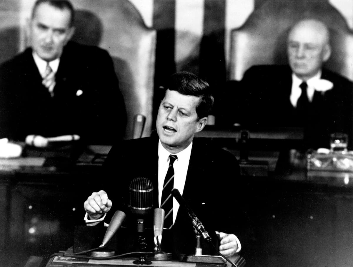 President John F. Kennedy addressing Congress with his challenge to land on the Moon