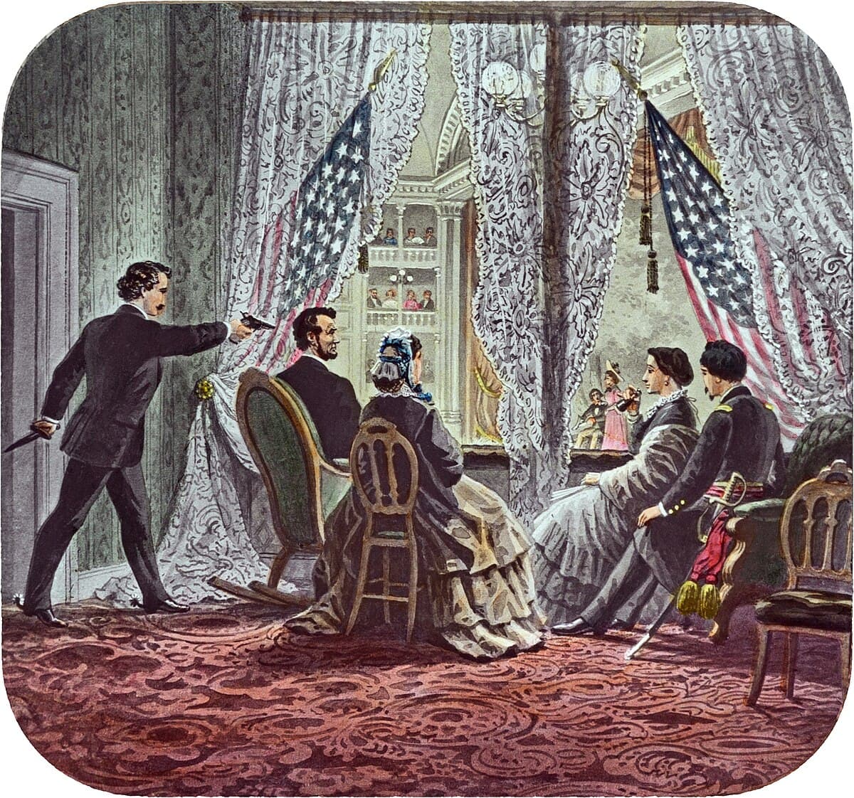 Illustration of John Wilkes Booth shooting President Abraham Lincoln at Ford's Theatre, April 14, 1865