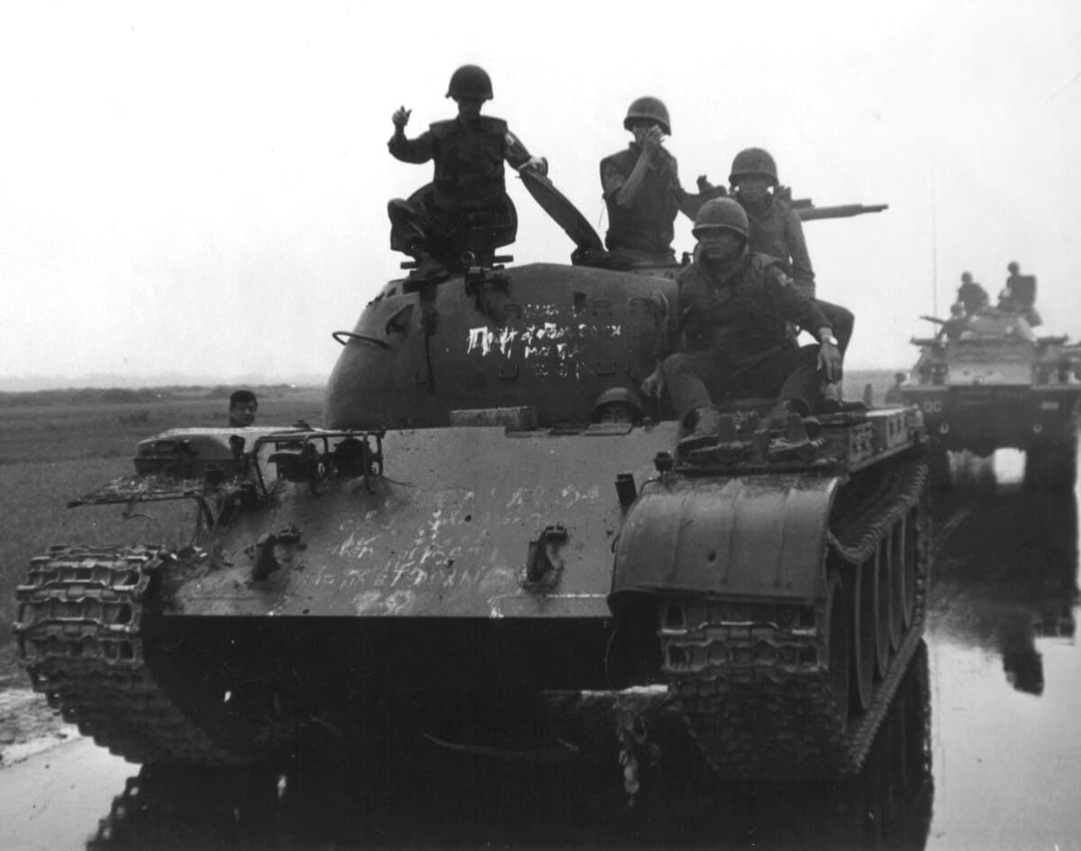 North Vietnamese T-54 tanks and infantry advancing across the DMZ during the opening phase of the Easter Offensive in 1972