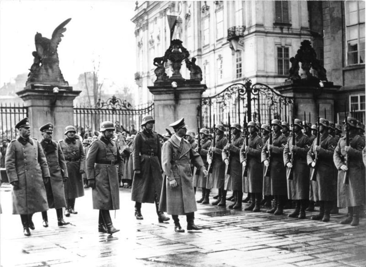 German troops entering Prague as crowds watch in silence during the occupation of Czechoslovakia, March 15, 1939