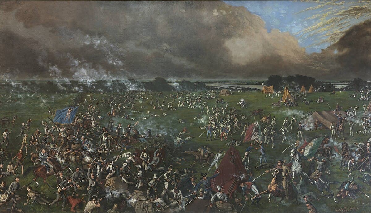 The Battle of San Jacinto, April 21, 1836, Texan soldiers charging the Mexican camp