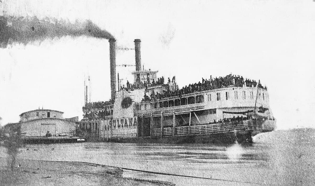 The overloaded SS Sultana before her catastrophic explosion on the Mississippi River, April 1865