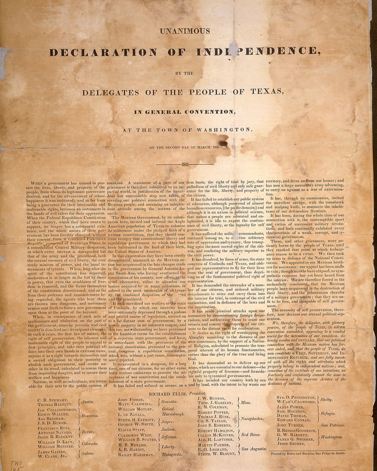 The Texas Declaration of Independence as signed at Washington-on-the-Brazos on March 2, 1836