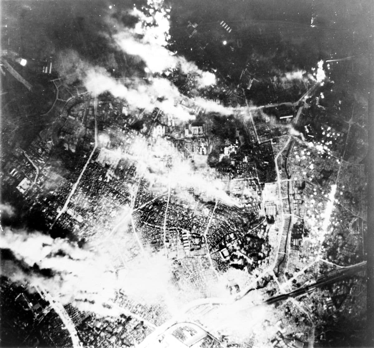 Aerial view of the devastation in Tokyo after the firebombing of March 10, 1945, showing miles of destroyed buildings