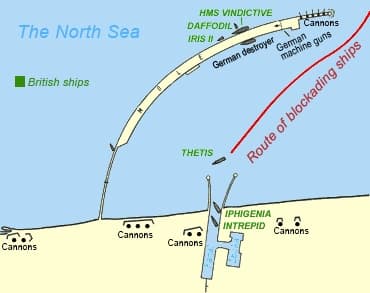 HMS Vindictive alongside the Zeebrugge Mole during the St. George's Day raid, April 23, 1918