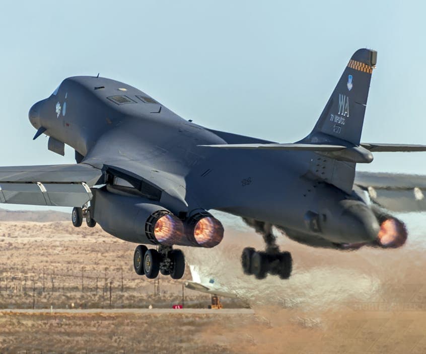 B-1B Lancer strategic bomber in flight with variable-sweep wings extended