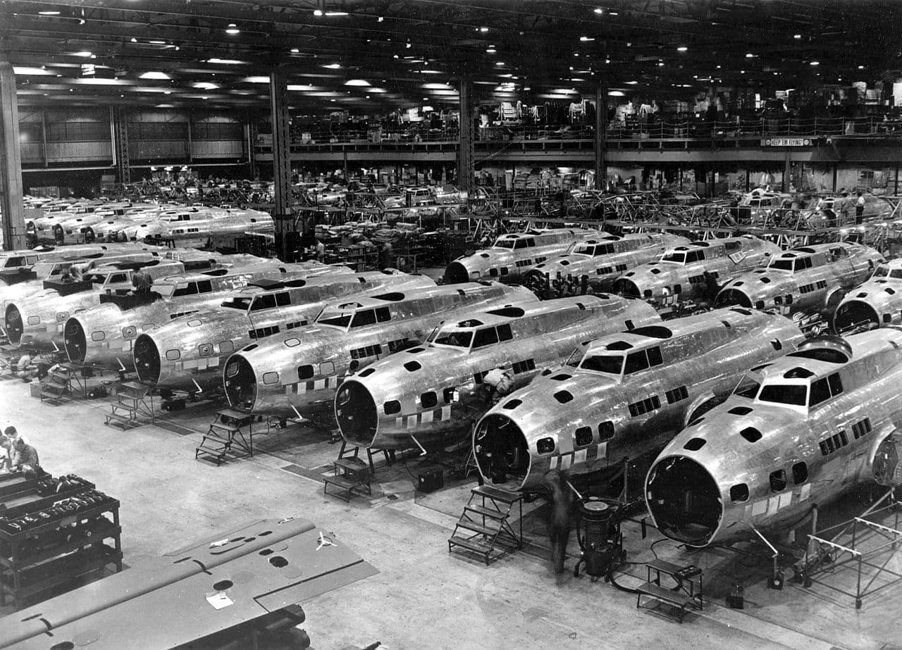 B-17E Flying Fortress fuselages on the Boeing assembly line in Seattle, 1943