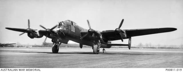 Lancaster bomber of 576 Squadron on the ground at RAF Fiskerton, 1945