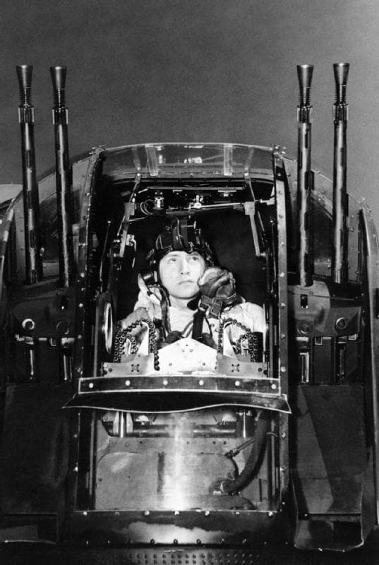 Lancaster rear gunner in his FN-20 tail turret with four .303 Browning machine guns