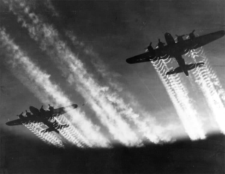 B-17 Flying Fortresses leaving contrails at high altitude during the strategic bombing campaign over Europe