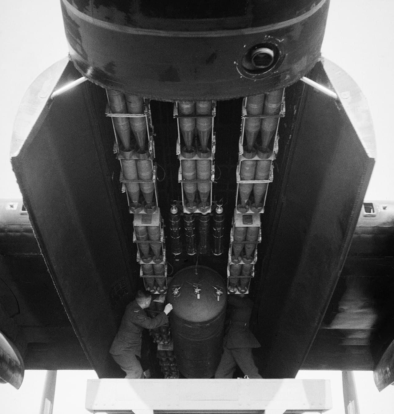 Lancaster bomb bay loaded with incendiary bombs, showing the massive payload capacity of the aircraft