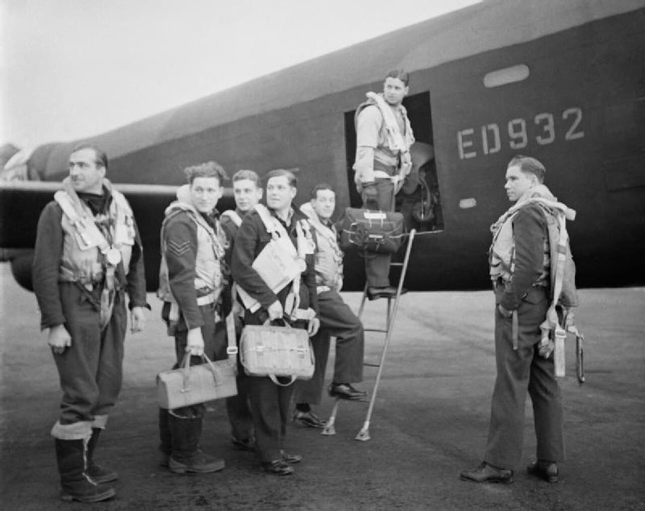 Wing Commander Guy Gibson and crew boarding their Avro Lancaster for No. 617 Squadron raid on the Ruhr Dams, May 1943