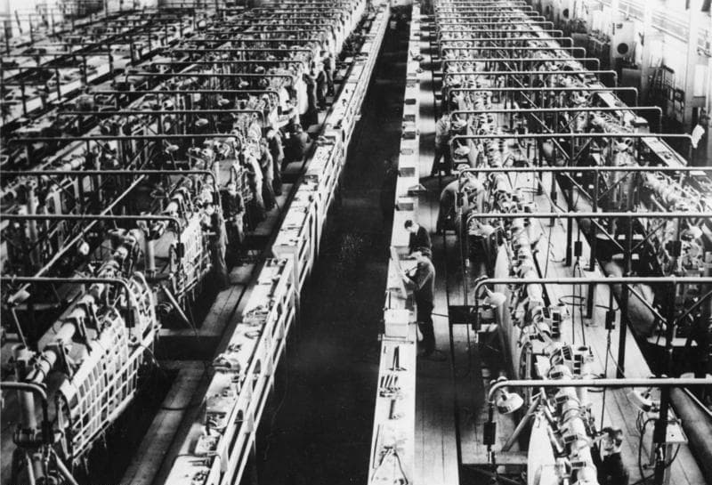 Workers assembling Messerschmitt fighters in a German aircraft factory