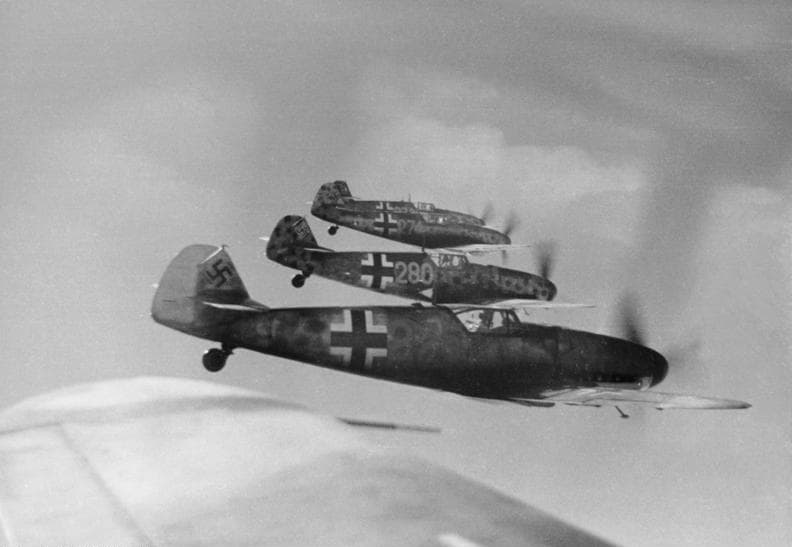 Messerschmitt Bf 109s in formation flight, photographed by the German Bundesarchiv