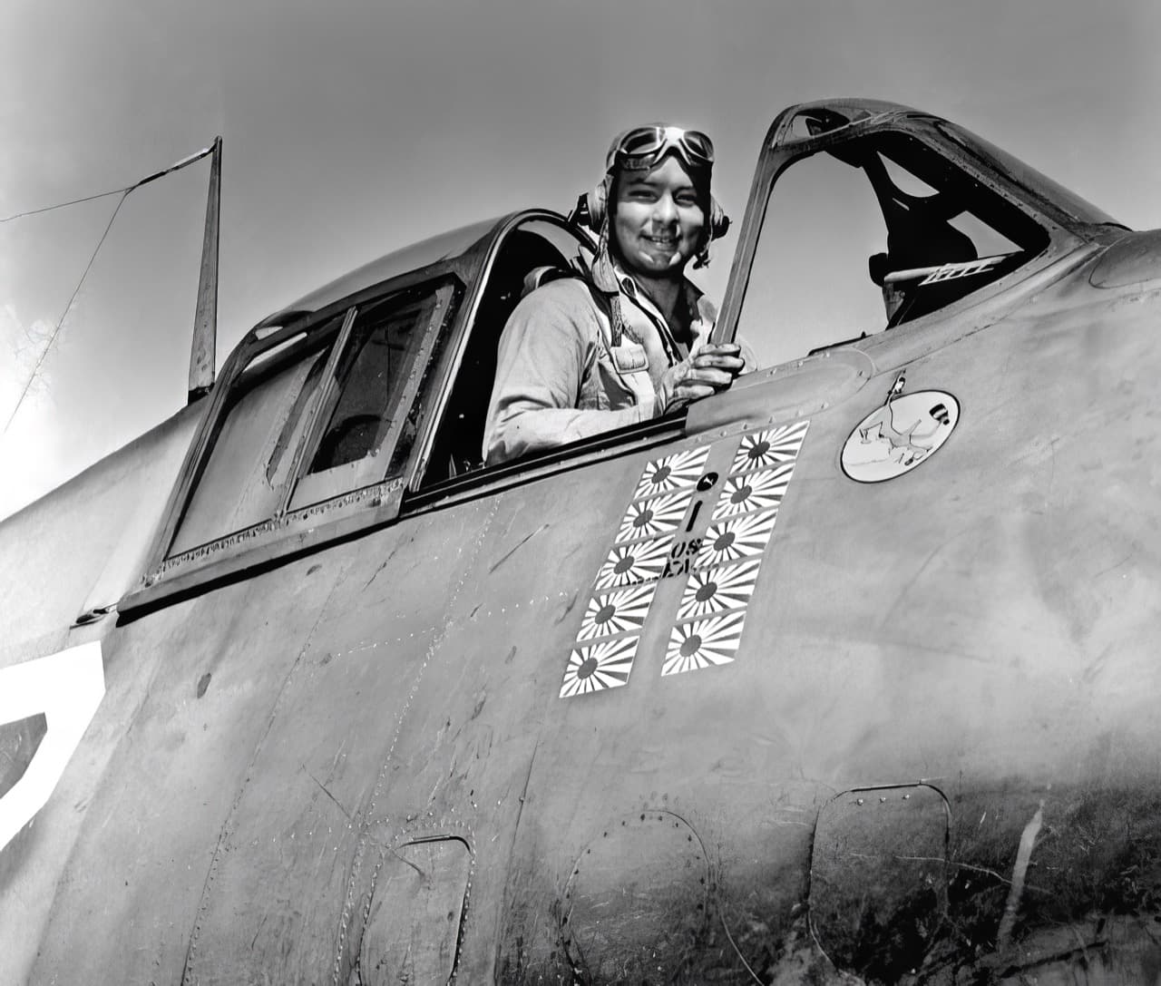 US Navy F6F Hellcat ace Hamilton McWhorter III with Japanese kill markings on his aircraft