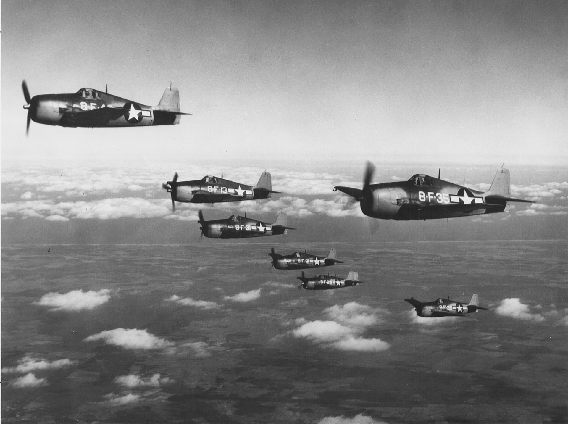 F6F-3 Hellcats of VF-8 flying in formation, 1943