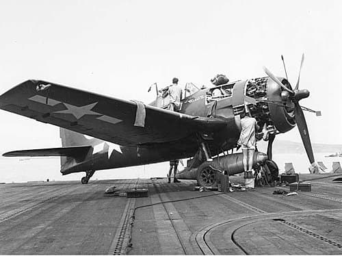 F6F Hellcats on the flight deck of USS Essex during Pacific operations