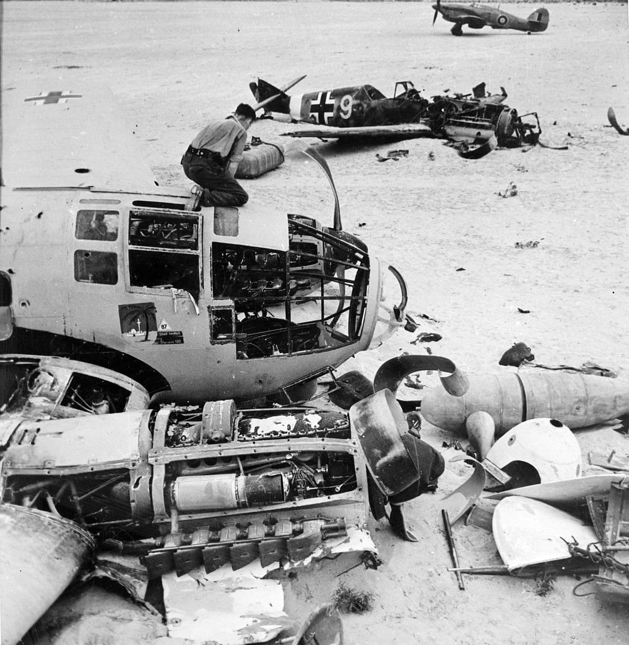 Wrecked German aircraft at a North African airfield, 1942