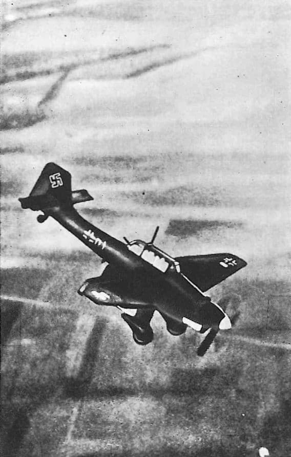 Junkers Ju 87 Stuka in a steep dive with bombs visible