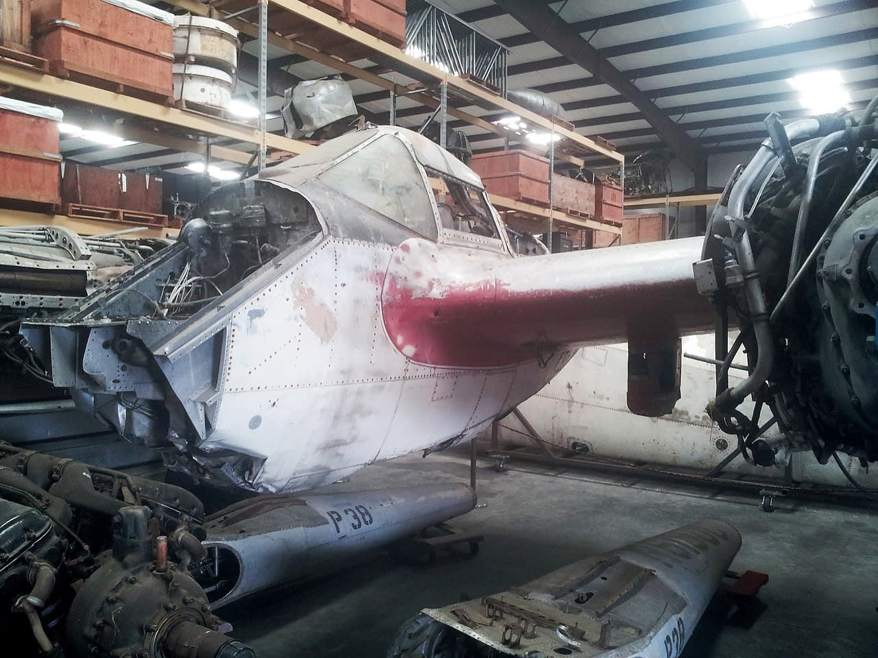 Lockheed P-38 Lightning at a museum showing the twin-boom tail configuration