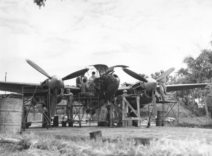 Repairs to a P-38 Lightning by the 459th Fighter Squadron at Chittagong, India, January 1945
