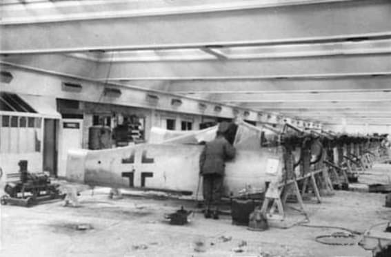 Focke-Wulf Fw 190 fuselage being assembled in a German aircraft factory