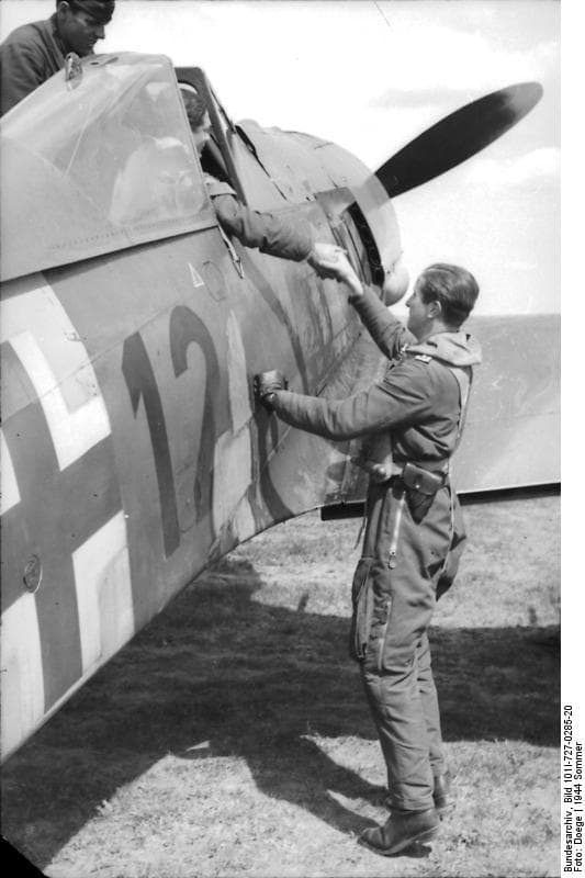 Luftwaffe Fw 190 pilot and ground crew beside their aircraft, Eastern Front, 1944