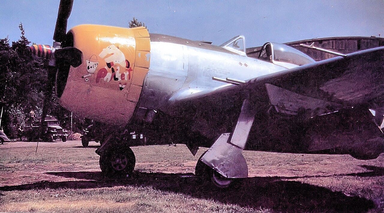 P-47D of the 394th Fighter Squadron with distinctive cartoon nose art, 1945 color photograph