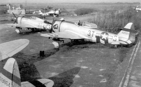 P-47 Thunderbolts of the 36th Fighter Group at their base in England, 1944