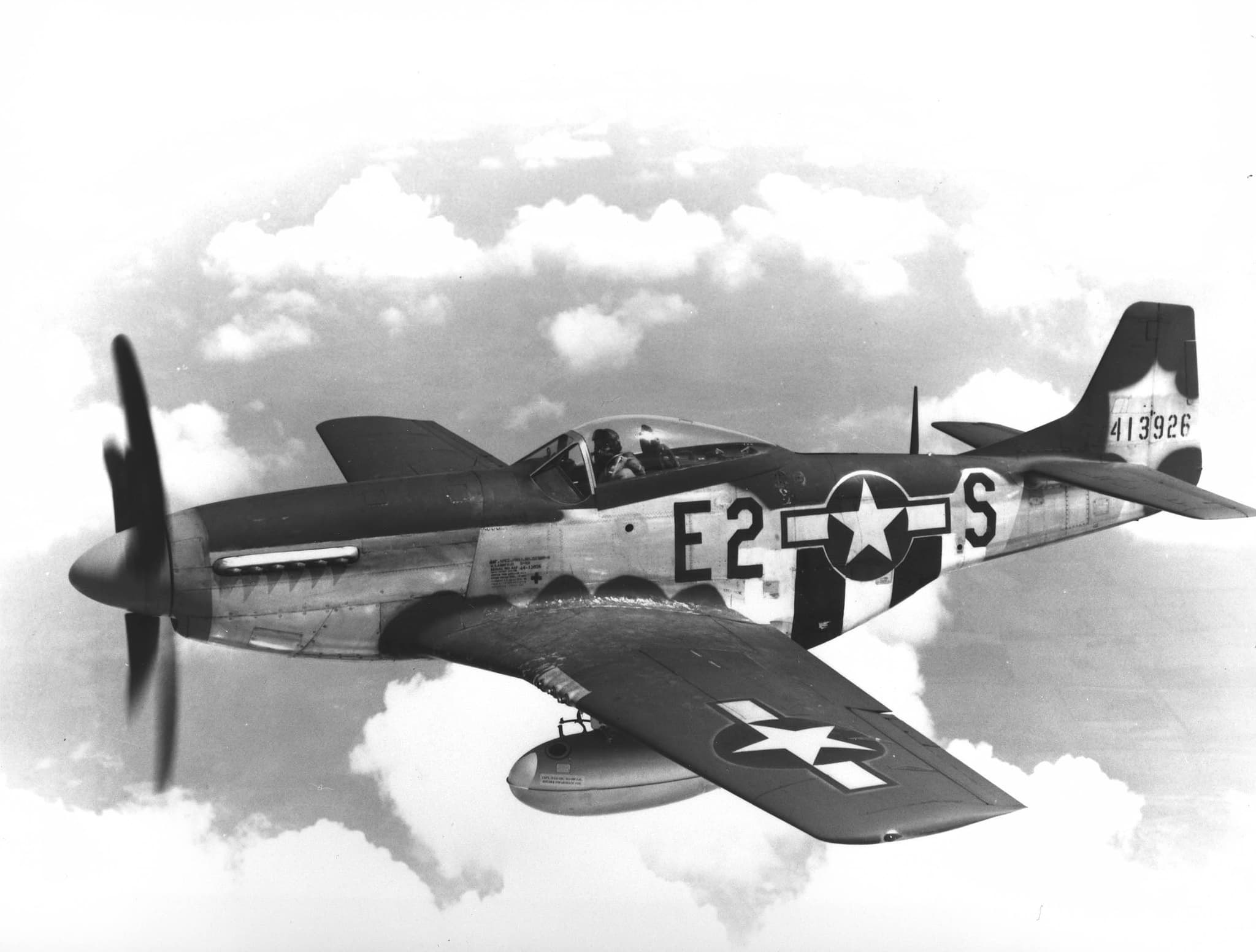 P-51D Mustang of the 375th FS, 361st Fighter Group, 8th Air Force in flight over France