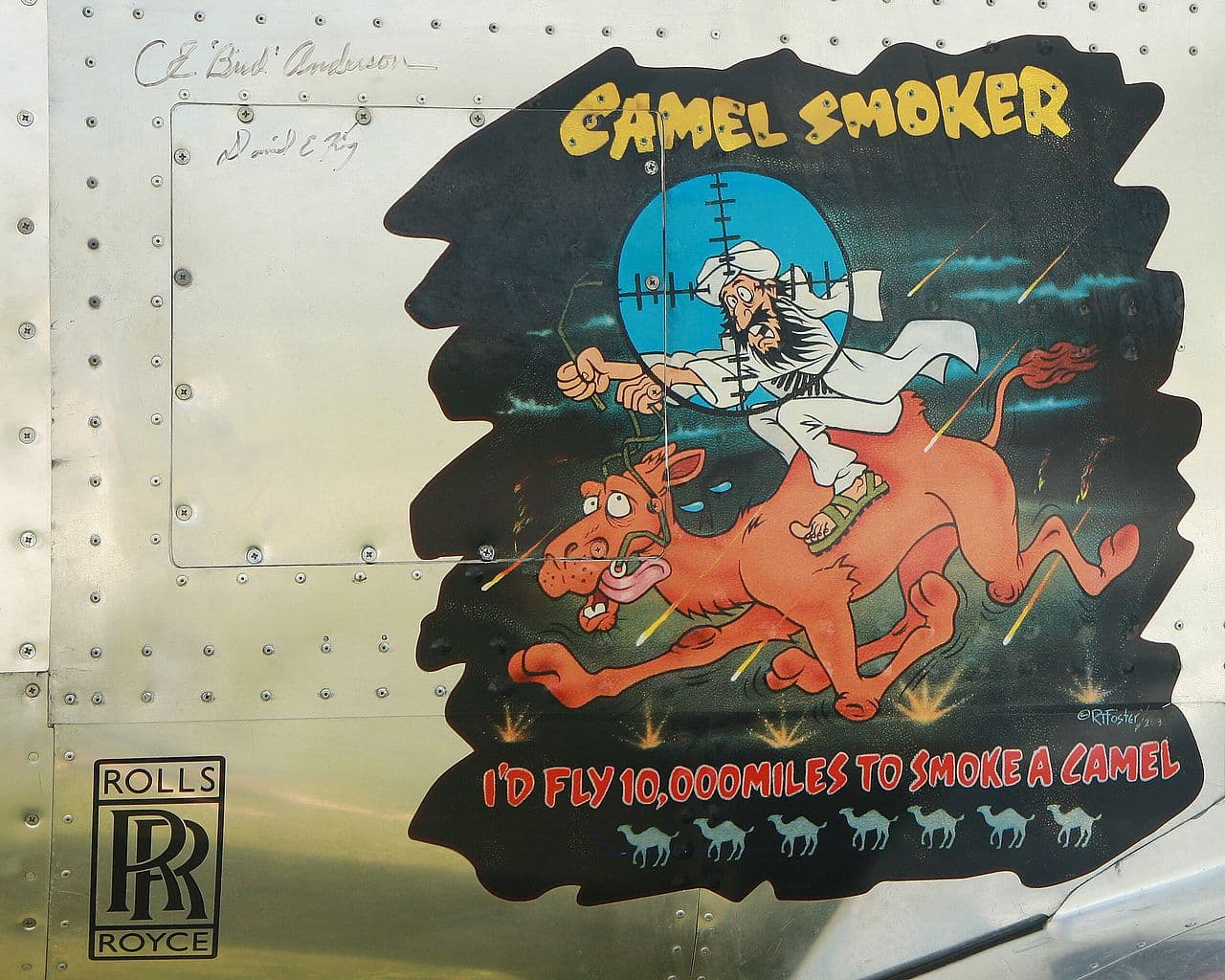 P-51 Mustang with "Camel Smoker" nose art painted on the fuselage