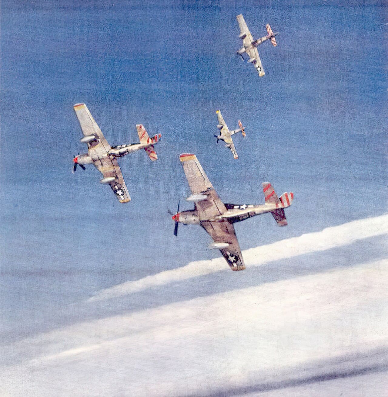 P-51D Mustangs of the 31st Fighter Group flying in formation over Italy, 1944