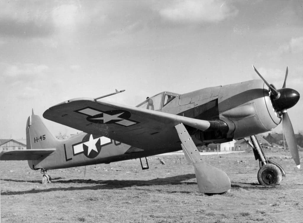 Captured Focke-Wulf Fw 190 with US military markings at a Belgian airfield