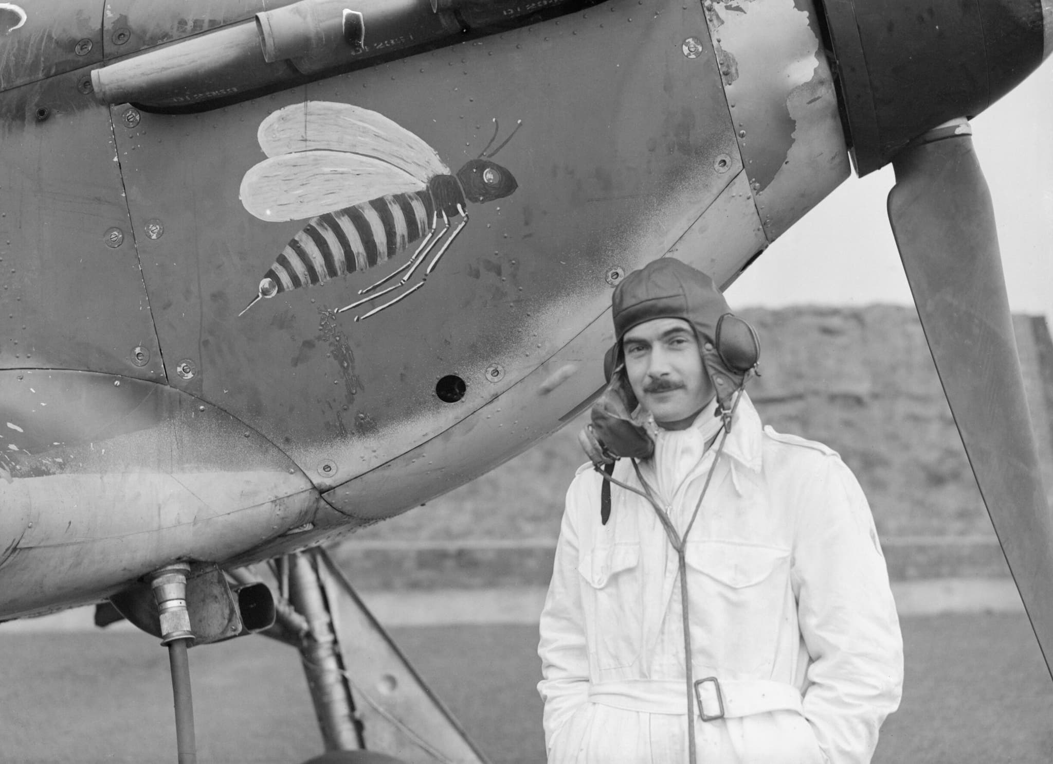 Pilot Officer "Taffy" Clowes standing beside his Hurricane during the Battle of Britain, 1940