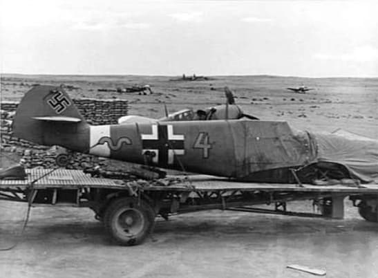 Captured Bf 109G on a trailer at Fuka, North Africa, 1943