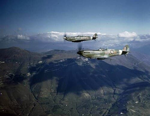 Spitfire IXs of 241 Squadron RAF in formation south of Rome, 1944